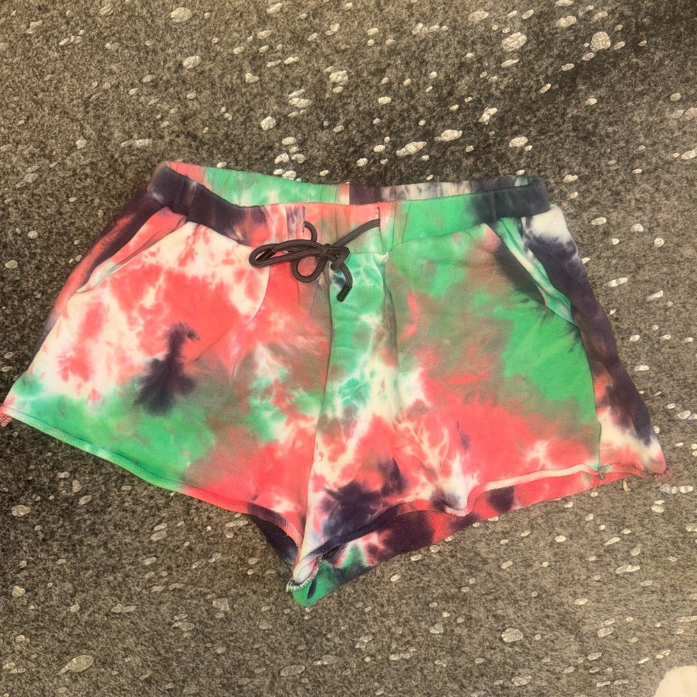 Tie-Dye Athletic Drawstring Shorts - Green, Coral & Black